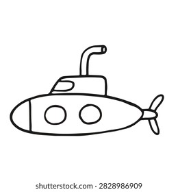 A simple black and white line art drawing of a submarine with a periscope, portholes, and a rear propeller on a plain white background.