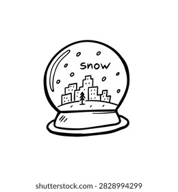 A simple black and white line art drawing of a snow globe featuring a miniature cityscape inside with falling snow