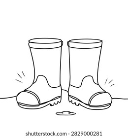 A simple black and white line art illustration of two rain boots standing in a small puddle for kids coloring pages.