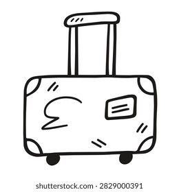 A simple black and white line art illustration of a rolling travel suitcase with a luggage tag and handle, isolated on white background.