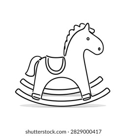 A simple black and white line art illustration of a traditional rocking horse toy on a plain background