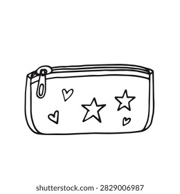 A simple black and white line art drawing of a zippered pencil pouch decorated with cute star and heart doodle designs for school supplies