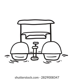 A simple black and white line art drawing of a pedal boat floating on water