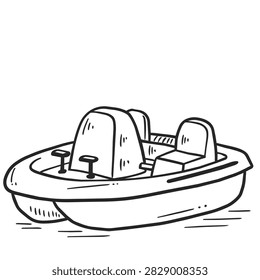 A simple black and white line art drawing of a pedal boat featuring two seats and a central console on a white background