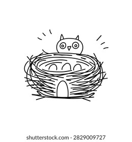 A simple black and white line art drawing featuring a stylized owl peering over the edge of a woven bird nest containing three small eggs.