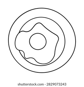 A simple black and white line art illustration of a fried egg served on a circular plate.