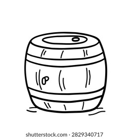 A simple black and white line art drawing of a rustic wooden barrel with a bung hole and metal hoops on a white background.