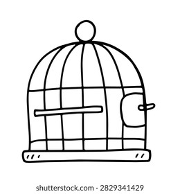 A simple black and white line art drawing of a round bird cage with a small door and perch isolated on a white background
