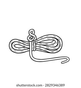 A simple black and white line art drawing of a coiled length of rope featuring a figure eight knot on a white background