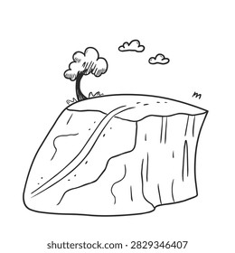 A simple black and white line art sketch featuring a rocky cliff edge with a small tree on top and a stream flowing down the side.