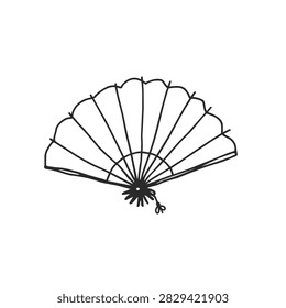 A simple black and white line art illustration of an open traditional folding fan on a white background.