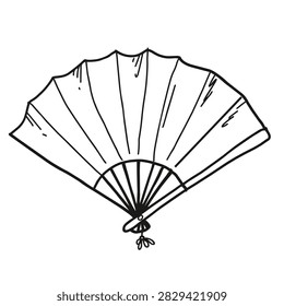 A simple black and white line art drawing of an open folding hand fan with a small tassel charm at the bottom isolated on a white background