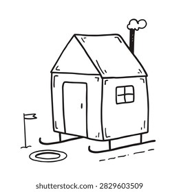 A simple black and white line art drawing of a portable ice fishing shanty on runners with a small chimney and a nearby flag