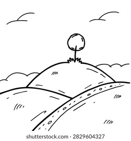 A simple black and white line art illustration featuring a lonely tree standing atop a grassy hill with a winding path leading towards it