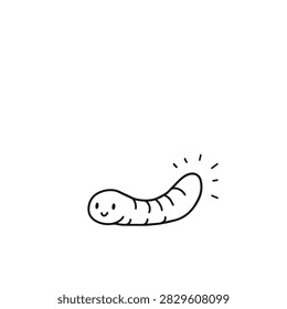 A simple black and white line art drawing of a cute glowing firefly or worm with a smiling face isolated on white