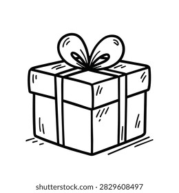 A simple black and white line art drawing of a square present box wrapped with a ribbon and a large decorative bow on top