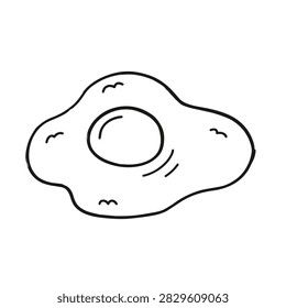 A simple black and white line art drawing of a single fried egg with a sunny side up yolk isolated on a white background