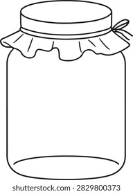 Simple black and white line art illustration of a glass jar with a fabric-covered lid tied with string, suitable for homemade preserves, jam, pickles, and traditional food storage. Clean minimalist design for kitchen, food packaging, and craft projects.