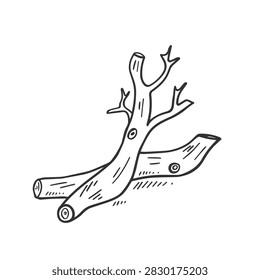 A simple black and white line art sketch featuring two pieces of wood or fallen tree branches lying on the ground