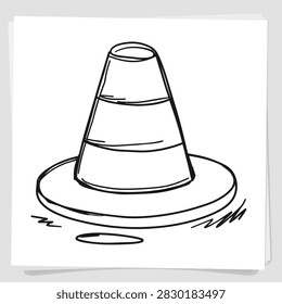 A simple black and white line art drawing of a road safety traffic cone on a white background