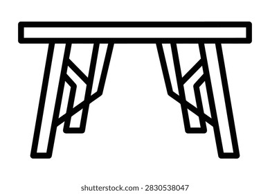 A simple black and white line art illustration of a table with geometric trestle legs isolated on a white background