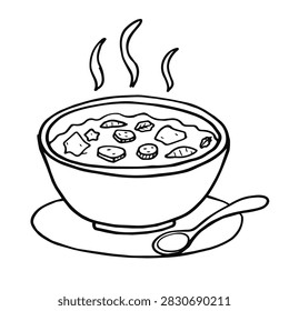 A simple black and white line art illustration of a steaming bowl of chunky soup served on a plate with a spoon