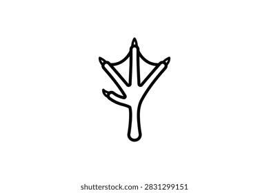 A simple black and white line art graphic representing a webbed bird footprint or duck track isolated on a plain background