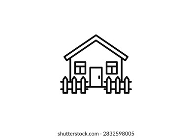 A simple black and white line art vector icon depicting a small detached cottage or suburban home surrounded by a picket fence.