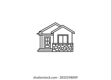 A simple black and white line art illustration of a cozy single story house with a stone texture base and a front door