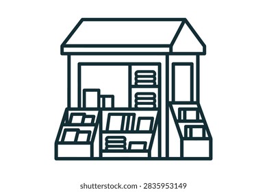 A simple black and white line art drawing of a retail booth featuring shelves and bins filled with various products