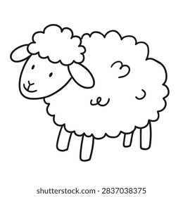 Simple black and white line art drawing of a fluffy cartoon sheep, perfect for children coloring books and creative projects.