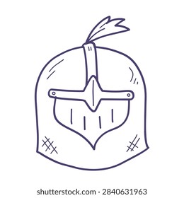 A simple black and white line art sketch of a historical knight helmet featuring a protective visor and a decorative plume on top