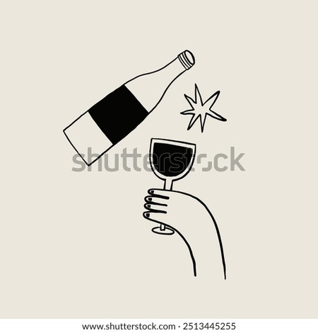 Simple black and white line art depicting a hand holding a wine glass with a bottle pouring. Perfect for themes of celebration, wine culture, and minimal design