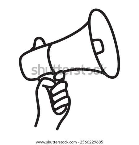 simple black and white line art, left hand pressing megaphone button