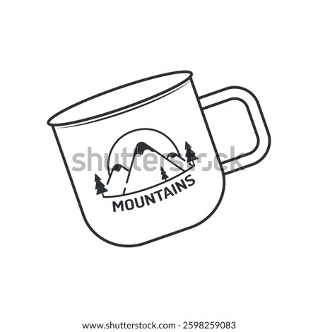 Simple black and white line art of a metal camping mug with a mountain logo. Minimalistic outdoor design, ideal for travel, hiking, and adventure themes. Vector illustration with clean lines.