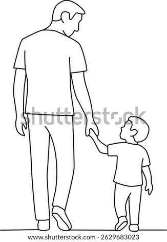 Simple black and white line art of a father and son walking hand-in-hand. The child looks up at the parent. Minimalist style emphasizing their connection. Happy father's day
