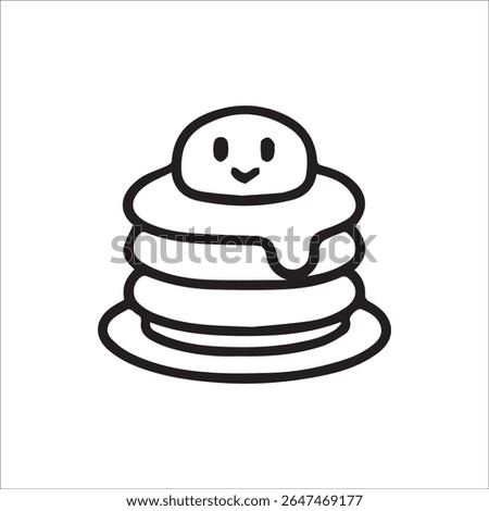 Simple black and white line art of a stack of three pancakes topped with a cute smiling character and dripping syrup, perfect for breakfast themes or food icons.