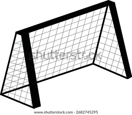 A simple, black and white line art illustration of a soccer goal with a net, viewed from an isometric angle against a clean white background.
