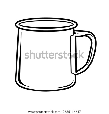 Simple black and white line art icon of a classic enamel or tin camping mug, symbolizing outdoors, travel, and hot drinks.

