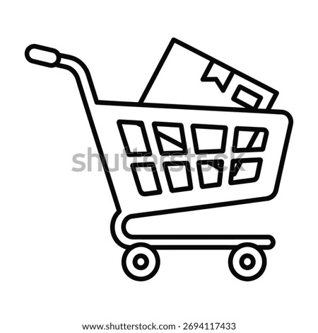 A simple black and white line art vector graphic of a shopping cart filled with a box, symbolizing e-commerce, online retail, sales, purchase, delivery, and consumerism.