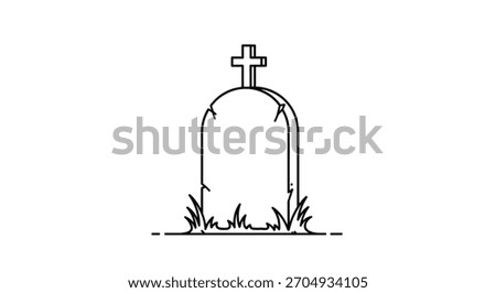A simple black and white line art illustration of a weathered gravestone with a cross on top for a minimalist Halloween or memorial design.