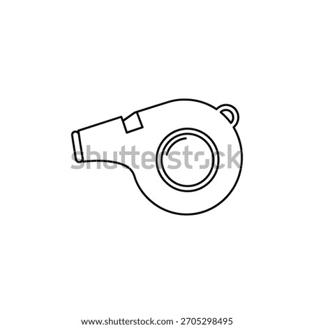 Simple black and white line art illustration of a classic whistle, an essential tool for sports officials, coaches, and signaling.