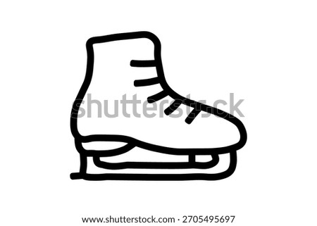 A simple, black and white line art illustration of a single ice skate. The skate is shown with a boot and a blade underneath, all outlined with thick black lines