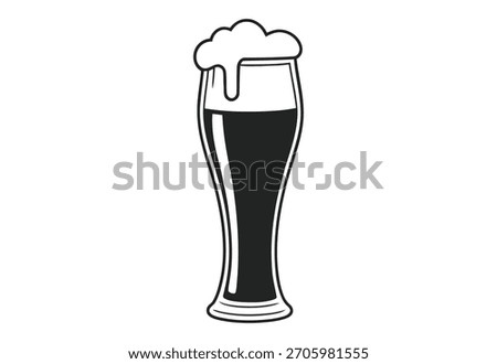 A simple black and white line art illustration of a pint glass filled with dark beer and frothy foam