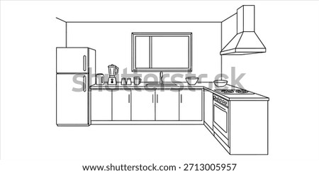 A simple black and white line art illustration of a functional kitchen interior design layout Vector, illustration