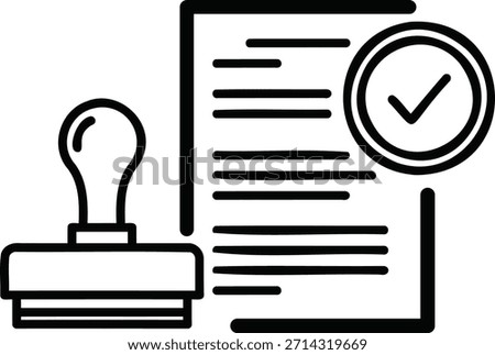 A simple black and white line art icon depicting a document with a checkmark in a circle and a rubber stamp, isolated on a pure white background, conveying approval and verification in a minimalist st