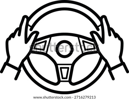 A simple black and white line art icon depicts two hands gripping a car steering wheel. The steering wheel has a circular center and spokes.