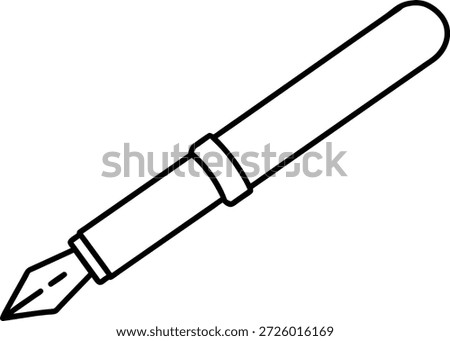 Simple black and white line art illustration of a fountain pen. Ideal for educational materials, writing related content, blog posts, website graphics, or social media visuals. Versatile for design projects.