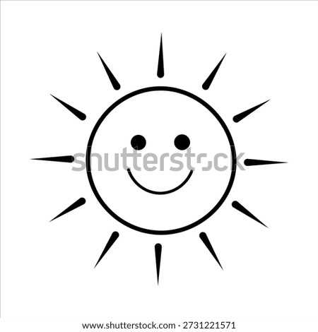 Simple black and white line art illustration of a smiling sun, radiating warmth and happiness, perfect for a cheerful design.