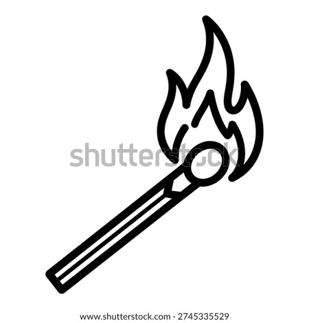Simple black and white line art illustration of a burning matchstick. This icon represents fire, ignition, and heat.